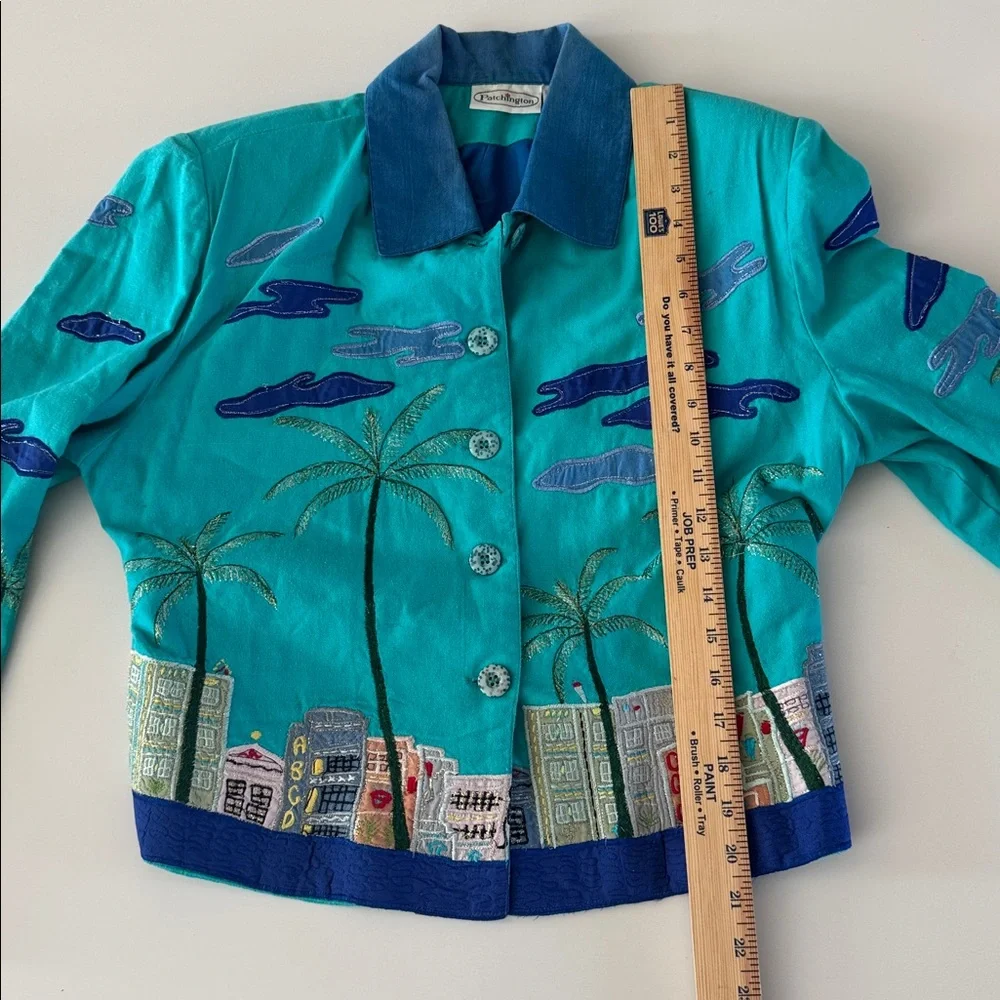 Vintage Patchington Palm Tree Blazer Womens Small Cityscape Jacket Y2K Cotton - Picture 11 of 13